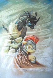 Size: 1143x1670 | Tagged: safe, artist:graffegruam, imported from derpibooru, changeling, blanket, blizzard, pastel, royal guard, snow, snowfall, spear, traditional art