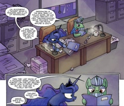 Size: 1400x1190 | Tagged: safe, artist:agnesgarbowska, idw, imported from derpibooru, officer by the book, princess luna, alicorn, pony, unicorn, friends forever, spoiler:comic, spoiler:comicff14, bowtie, clothes, duo, ethereal mane, female, male, mare, shirt, speech bubble, stallion, starry mane