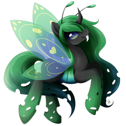 Size: 2000x2000 | Tagged: safe, artist:exceru-karina, imported from derpibooru, butterfly, changeling, hybrid, antennae, butterfly wings, green changeling, solo