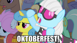 Size: 984x550 | Tagged: safe, imported from derpibooru, screencap, coco crusoe, derpy hooves, lemon hearts, lightning bolt, lyra heartstrings, photo finish, soigne folio, white lightning, pegasus, pony, female, german, image macro, mare, meme, oktoberfest, photo finish insults