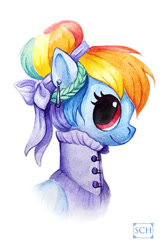 Size: 464x700 | Tagged: safe, artist:scheadar, imported from derpibooru, rainbow dash, alternate hairstyle, clothes, dress, earring, female, hair bun, portrait, rainbow dash always dresses in style, solo