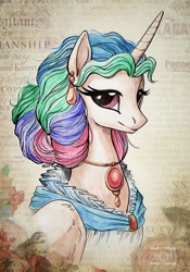 Size: 500x714 | Tagged: safe, artist:scheadar, imported from derpibooru, princess celestia, alicorn, pony, alternate hairstyle, clothes, dress, earring, female, mare, necklace, portrait, solo
