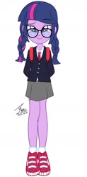 Size: 900x1829 | Tagged: safe, artist:bluse, imported from derpibooru, twilight sparkle, equestria girls, adorkable, alternate hairstyle, backpack, braid, clothes, cute, dork, glasses, school uniform, shoes, sneakers