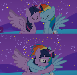 Size: 1546x1522 | Tagged: safe, artist:shutterflyeqd, imported from derpibooru, rainbow dash, twilight sparkle, alicorn, firefly (insect), pegasus, pony, crying, duo, eyes closed, female, heart, hug, kissing, lesbian, mare, night, shipping, tears of joy, twidash, twilight sparkle (alicorn), wings