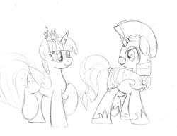 Size: 1017x786 | Tagged: safe, artist:drawponies, imported from derpibooru, sunset shimmer, twilight sparkle, alicorn, pony, armor, female, lesbian, mare, monochrome, new crown, royal guard, shipping, sketch, sunsetsparkle, twilight sparkle (alicorn)