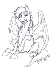 Size: 671x909 | Tagged: safe, artist:carnivorouscaribou, imported from derpibooru, derpy hooves, pegasus, pony, female, lineart, mare, monochrome, sitting, sketch, solo, traditional art