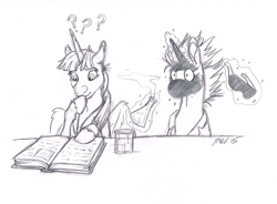 Size: 1226x902 | Tagged: safe, artist:carnivorouscaribou, imported from derpibooru, twilight sparkle, oc, oc:nightcap, alicorn, pony, beaker, book, confused, explosion, female, flask, goggles, mare, monochrome, reading, science, traditional art, twilight sparkle (alicorn)