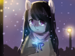 Size: 1280x960 | Tagged: safe, artist:marinakirby, imported from derpibooru, octavia melody, anthro, cellphone, clothes, female, phone, scarf, smartphone, snow, snowfall, solo