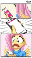 Size: 556x1024 | Tagged: safe, artist:mysticalpha, imported from derpibooru, fluttershy, anthro, exploitable, fluttershy's phone, meme, open mouth, phone, shocked, template