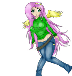 Size: 1024x1084 | Tagged: safe, artist:eljapones096, imported from derpibooru, fluttershy, human, breasts, busty fluttershy, clothes, female, humanized, solo, sweatershy, winged humanization