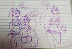 Size: 1781x1224 | Tagged: safe, artist:fuzzyfurvert, imported from derpibooru, princess cadance, princess celestia, princess luna, human, ass, belly button, butt, humanized, lined paper, looking at you, sketch, sketch dump, traditional art