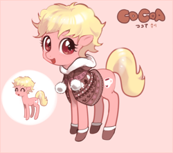 Size: 900x800 | Tagged: safe, artist:quizia, imported from derpibooru, oc, oc only, oc:cocoa, earth pony, blonde, boots, cloak, clothes, earth pony oc, female, mare, pink fur, shoes, solo, winter boots, winter outfit