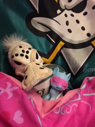 Size: 960x1280 | Tagged: safe, imported from derpibooru, anaheim ducks, bootleg, concerned pony, irl, mighty ducks, photo, plushie, sleep mask, sleeping, the mighty ducks of anaheim, wild wing, wildwing