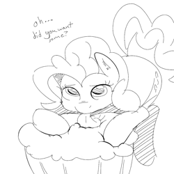 Size: 1000x1000 | Tagged: safe, artist:khorme, imported from derpibooru, pinkie pie, cupcake, eating, female, monochrome, solo