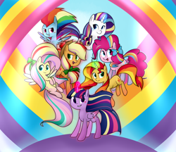 Size: 4400x3800 | Tagged: safe, artist:nintendash, imported from derpibooru, applejack, fluttershy, pinkie pie, rainbow dash, rarity, sunset shimmer, twilight sparkle, alicorn, earth pony, pegasus, pony, unicorn, alternate mane seven, female, mane six, mare, rainbow power, rainbow power-ified, twilight sparkle (alicorn)