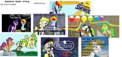 Size: 1197x563 | Tagged: safe, artist:petirep, imported from derpibooru, rainbow dash, scootaloo, surprise, twilight sparkle, oc, oc:wooden toaster, fanfic:rainbow factory, rainbow dash presents, 1000 hours in ms paint, childhood innocence, comic, computer, g1, ms paint