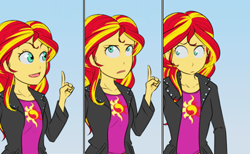 Size: 439x270 | Tagged: safe, artist:kibate, imported from derpibooru, sunset shimmer, equestria girls, can't argue with that, comic, female, frown, open mouth, raised finger, reaction image, smiling, solo, thinking, wide eyes