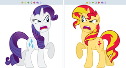 Size: 499x269 | Tagged: safe, artist:theshadowstone, imported from derpibooru, rarity, sunset shimmer, pony, unicorn, derpibooru, exploitable meme, forced juxtaposition, juxtaposition, juxtaposition win, meme, meta, simple background, vector, white background