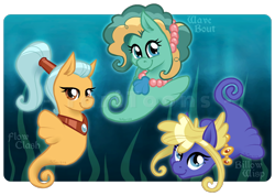 Size: 900x639 | Tagged: safe, artist:taritoons, imported from derpibooru, oc, oc only, oc:billow wisp, oc:flow clash, oc:wave bout, sea pony