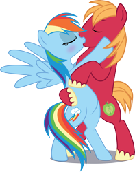 Size: 3829x4861 | Tagged: safe, artist:benybing, imported from derpibooru, big macintosh, rainbow dash, earth pony, pegasus, pony, bipedal, blushing, duo, eyes closed, featureless crotch, female, hug, kiss on the lips, kissing, male, mare, rainbowmac, shipping, simple background, spread wings, stallion, standing, straight, transparent background, vector, wingboner