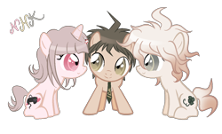 Size: 1198x724 | Tagged: dead source, safe, artist:celinesparkle, imported from derpibooru, earth pony, pony, unicorn, ahoge, chiaki nanami, colt, danganronpa, danganronpa 2, female, filly, hajime hinata, looking at each other, male, nagito komaeda, necktie, ponified, signature, simple background, sitting, smiling, transparent background