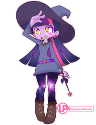Size: 800x1035 | Tagged: safe, artist:lolopan, imported from derpibooru, twilight sparkle, equestria girls, belt, boots, clothes, crossover, cute, dress, female, hat, little witch academia, pantyhose, shoes, skirt, solo, witch, witch hat