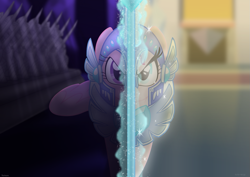 Size: 1151x816 | Tagged: safe, artist:faith-wolff, imported from derpibooru, princess amore, princess cadance, alicorn, pony, unicorn, fanfic:the bridge, armor, armored pony, crystal heart, distants siblings, fantasy class, female, flashback, glowing, glowing horn, helmet, horn, mare, siblings, split screen, warrior, warrior amore, warrior cadance, wings