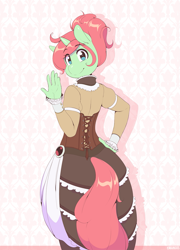 Size: 863x1200 | Tagged: safe, artist:3mangos, imported from derpibooru, oc, oc only, oc:spring, anthro, unicorn, clothes, corset, looking at you, looking back, solo, steampunk