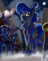 Size: 2400x3000 | Tagged: safe, artist:valcron, imported from derpibooru, sapphire shores, oc, earth pony, pegasus, pony, unicorn, camera, camera flashes, carpet, clothes, female, mare, night, nudie suit, red carpet, sign, smiling