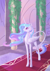 Size: 3500x4960 | Tagged: safe, artist:dalagar, imported from derpibooru, princess celestia, alicorn, pony, absurd resolution, female, glass, hallway, leonine tail, mare, painting, solo