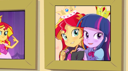 Size: 900x502 | Tagged: safe, artist:baekgup edits, edit, edited screencap, imported from derpibooru, screencap, sunset shimmer, twilight sparkle, equestria girls, equestria girls (movie), crown, exploitable meme, female, good end, jewelry, lesbian, meme, prom queen meme, regalia, sharing, shipping, sunsetsparkle