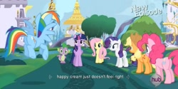 Size: 1585x795 | Tagged: safe, imported from derpibooru, screencap, applejack, fluttershy, pinkie pie, rainbow dash, rarity, spike, twilight sparkle, alicorn, pony, female, mare, meme, twilight sparkle (alicorn), youtube caption