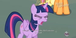 Size: 1577x799 | Tagged: safe, imported from derpibooru, screencap, applejack, twilight sparkle, alicorn, pony, big crown thingy, female, mare, meme, twilight sparkle (alicorn), youtube caption