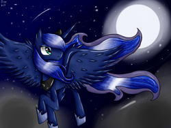 Size: 800x600 | Tagged: safe, artist:risakill, imported from derpibooru, princess luna, cloud, cloudy, female, flying, moon, night, solo