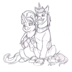 Size: 909x905 | Tagged: safe, artist:carnivorouscaribou, imported from derpibooru, cookie crumbles, hondo flanks, pony, unicorn, cookieflanks, monochrome, rarity's parents, sitting, sketch, smiling