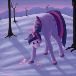 Size: 1500x1500 | Tagged: safe, artist:thedragonfreak77, imported from derpibooru, twilight sparkle, pony, unicorn, female, flower, glowing horn, looking at something, looking down, snow, solo