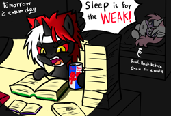 Size: 1650x1125 | Tagged: safe, artist:potzm, imported from derpibooru, oc, oc only, oc:lawyresearch, oc:lawyshadow, book, energy drink, studying