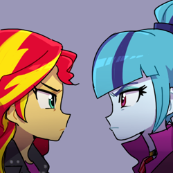 Size: 400x400 | Tagged: dead source, safe, artist:baekgup, imported from derpibooru, sonata dusk, sunset shimmer, equestria girls, rainbow rocks, female, lesbian, shipping, stare, staring contest, sunata