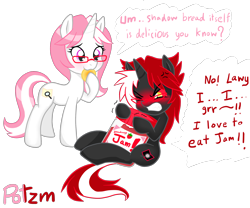 Size: 2400x2000 | Tagged: safe, artist:potzm, imported from derpibooru, oc, oc only, oc:lawyresearch, oc:lawyshadow, pony, unicorn, bread, eating, glasses, strawberry jam, struggling