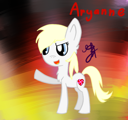 Size: 602x566 | Tagged: safe, artist:whoyourenemy, imported from derpibooru, oc, oc only, oc:aryanne, earth pony, pony, chest fluff, eyebrows down, female, flag, germany, heart, heil, meme, nazi, salute, sieg heil, smirk, solo, standing, swastika