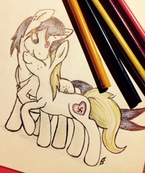 Size: 1071x1280 | Tagged: safe, artist:mewinabubble, imported from derpibooru, oc, oc only, oc:aryanne, oc:illuminati pony, earth pony, pony, unicorn, crayons, cross, freckles, happy, heart, illuminati, illuminati confirmed, illuminazi, love, nazi, nuzzling, photo, shipping, smiling, standing, swastika, third eye, traditional art