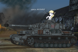 Size: 1582x1065 | Tagged: safe, artist:wonkysole, imported from derpibooru, oc, oc only, oc:aryanne, earth pony, pony, bedroom eyes, dialogue, eyeshadow, fight, fire, grin, headphones, nazi, nazipone, panzer iv, raised hoof, road, smiling, smirk, smoke, solo, t-34/85, tank (vehicle), vehicle, war, world war ii