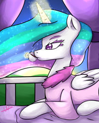 Size: 1024x1280 | Tagged: safe, artist:wolfy-pony, imported from derpibooru, princess celestia, balcony, bathrobe, bed, clothes, coffee, eyelashes, female, magic, morning, prone, robe, smiling, solo, telekinesis