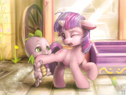 Size: 3024x2288 | Tagged: safe, artist:mrs1989, imported from derpibooru, spike, twilight sparkle, dragon, pony, unicorn, baby spike, biting, cute, cute little fangs, fangs, female, filly, filly twilight sparkle, floppy ears, looking at each other, male, newborn spike, one eye closed, open mouth, pain, raised hoof, raised leg, spikabetes, wink