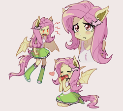 Size: 668x600 | Tagged: safe, artist:baekgup, imported from derpibooru, fluttershy, bat pony, equestria girls, apple, blushing, clothes, cute, eyes closed, fangs, female, flutterbat, frown, glare, heart, kneeling, open mouth, ponied up, race swap, shyabates, shyabetes, simple background, sleeveless, smiling, solo, tanktop, white background