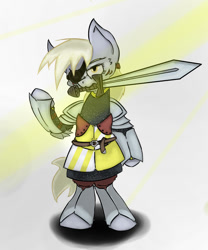 Size: 750x900 | Tagged: safe, artist:radecfrack, imported from derpibooru, derpy hooves, pegasus, pony, angry, armor, eyepatch, fantasy class, female, knight, light, mare, serious face, solo, sword, warrior