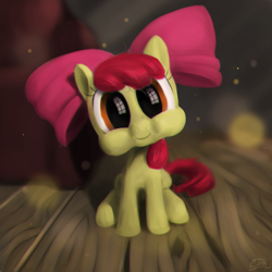 Size: 1000x1000 | Tagged: safe, artist:glukoloff, imported from derpibooru, apple bloom, adorabloom, chubby cheeks, cute, dilated pupils, female, looking at you, puffy cheeks, reflection, sitting, smiling, solo, staring into your soul