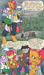 Size: 751x1280 | Tagged: safe, artist:kaemantis, imported from derpibooru, apple bloom, babs seed, diamond tiara, scootaloo, silver spoon, sweetie belle, truffle shuffle, anthro, comic:junior gala, abuse, bully, clothes, comic, cutie mark crusaders, glare, glasses, older, out of character, silverbuse, skirt, spoonabuse, teenager, tiarabuse, vulgar