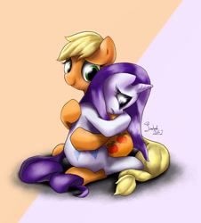 Size: 1900x2100 | Tagged: safe, artist:imaginally, imported from derpibooru, applejack, rarity, comforting, crying, female, frown, hug, lesbian, mane down, rarijack, sad, shipping, sitting, smiling, wet, wet mane, wet mane rarity