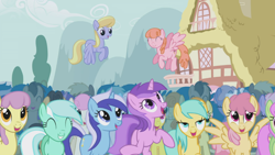 Size: 1366x768 | Tagged: safe, imported from derpibooru, screencap, amethyst star, carrot top, cherry cola, cherry fizzy, cloud kicker, coco crusoe, dizzy twister, doctor whooves, golden harvest, lemon hearts, lyra heartstrings, merry may, minuette, orange swirl, parasol, rainbowshine, sparkler, sunshower raindrops, time turner, twinkleshine, pony, boast busters